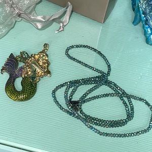 Kirks Folly Misty Mermaid Charm Pendant 32” Beaded Chain Necklace Goldtone